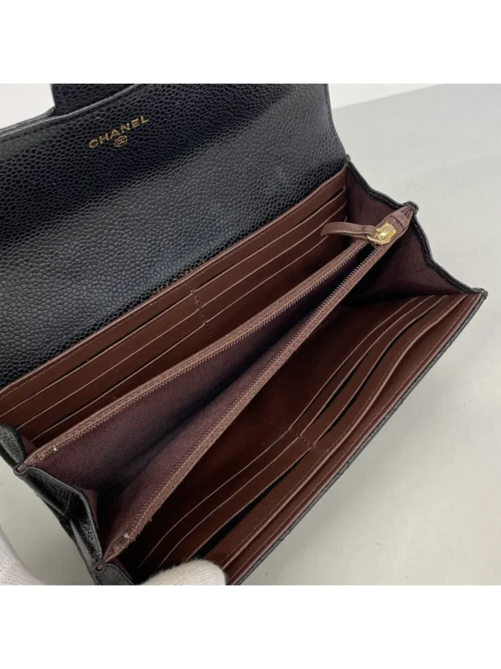 Chanel Wallet Quilted Caviar Leather Black Gold